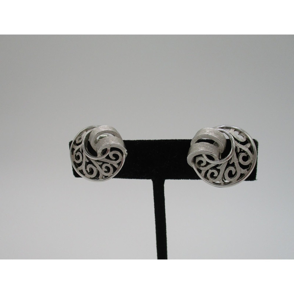 Vintage Crown Trifari Silver Open Work Swirling Filigree Round Stud Earrings